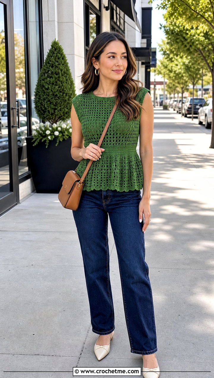 Green Crochet Peplum Top With Straight Leg Jeans - 15 green crochet top on hanger outfit ideas