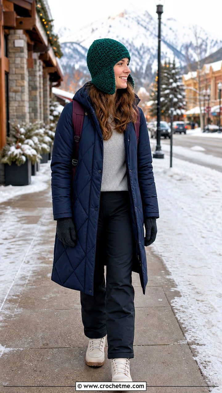 Green Crochet Trapper Hat With Quilted Coat And Snow Boots - 35 green crochet hat outfit ideas