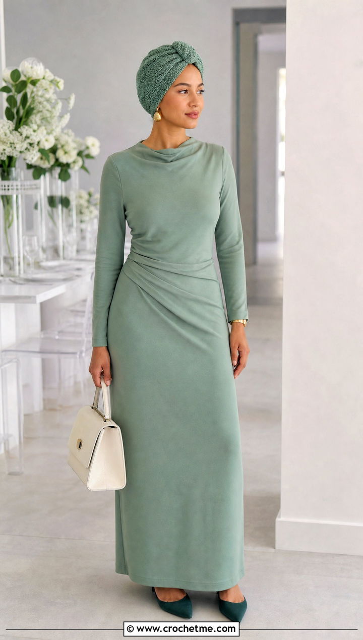 Green Crochet Turban Hat With Monochrome Dress - 35 green crochet hat outfit ideas
