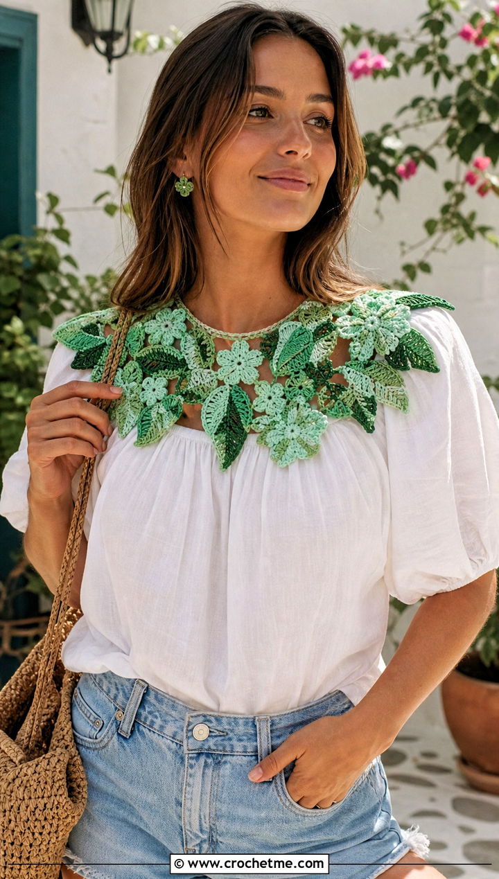 Green Floral Crochet Collar With Puff Sleeve Blouse And Shorts - 15 Green Crochet Collar outfit ideas