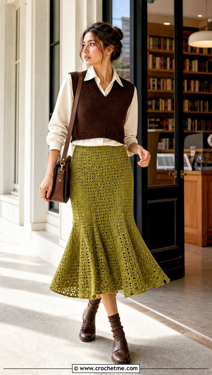 Green Godet Crochet Midi Skirt With Sweater Vest - 35 green crochet skirt outfit ideas