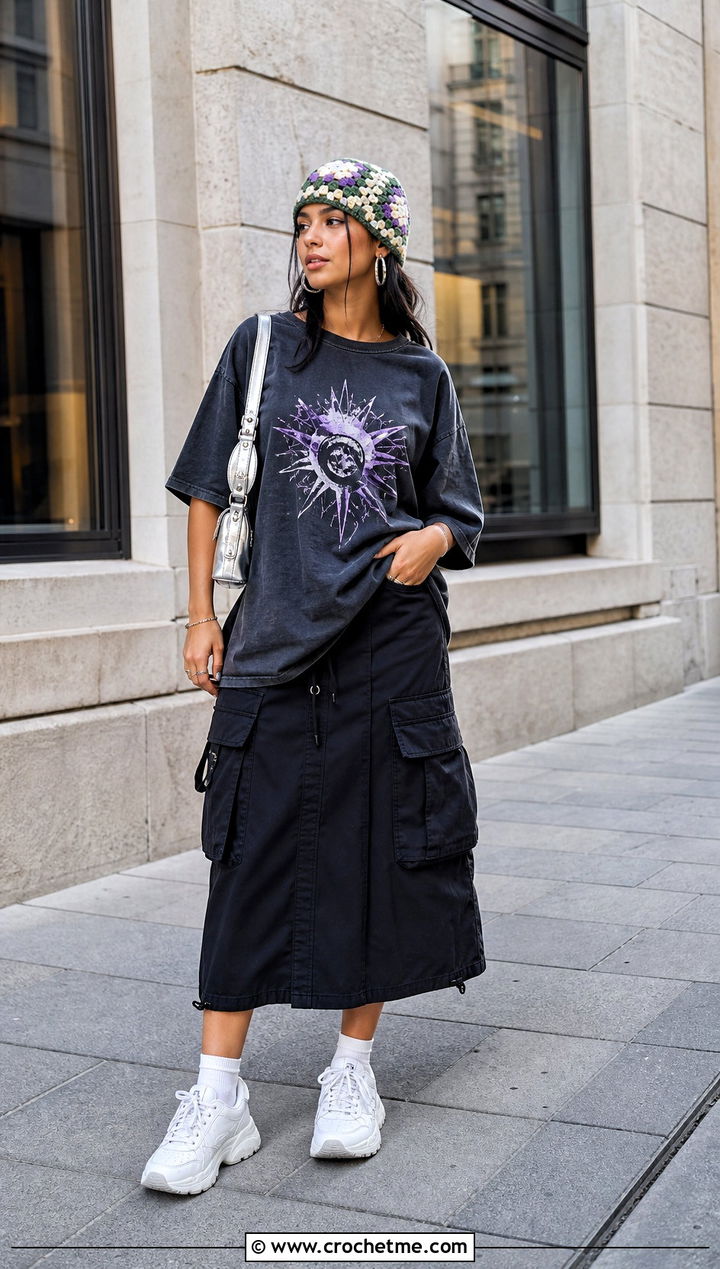 Green Granny Square Beanie With Graphic Tee And Cargo Skirt - 35 green crochet hat outfit ideas