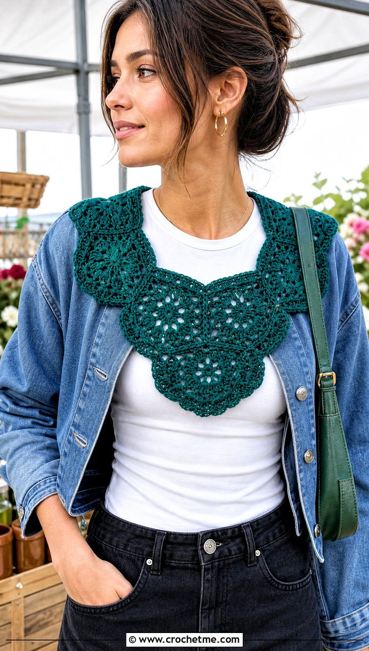 Green Granny Square Crochet Collar With Denim Jacket And Skirt - 15 Green Crochet Collar outfit ideas