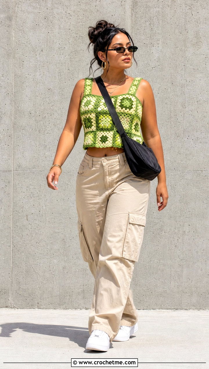 Green Granny Square Crochet Top With Cargo Pants - 15 green crochet top on hanger outfit ideas