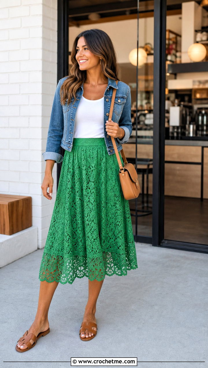 Green Lace Crochet Midi Skirt With Denim Jacket - 35 green crochet skirt outfit ideas