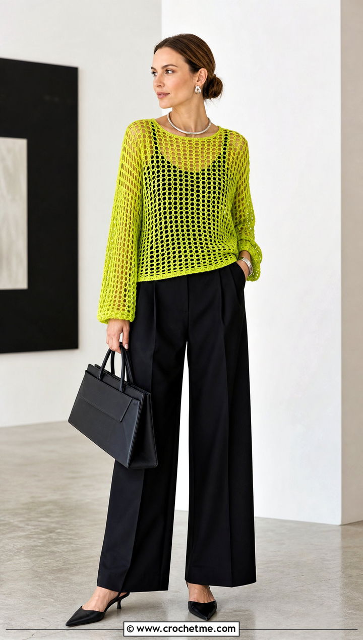 Green Mesh Crochet Top With Black Tailored Trousers - 15 green crochet top on hanger outfit ideas
