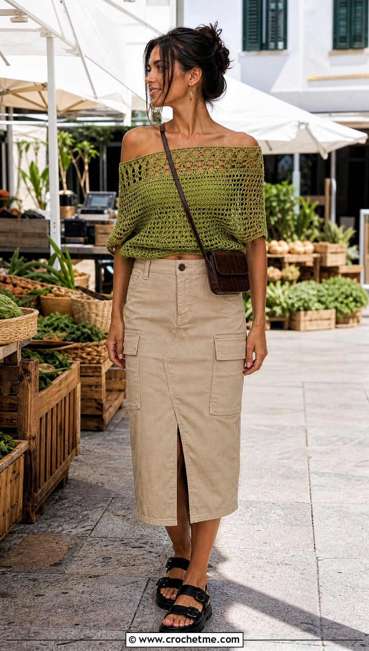 Green Off Shoulder Crochet Top With Utility Skirt - 15 green crochet top on hanger outfit ideas