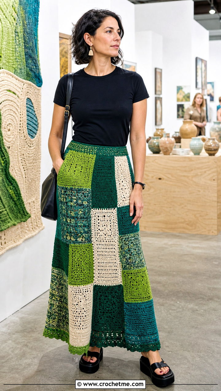 Green Patchwork Crochet Maxi Skirt With Black Tee - 35 green crochet skirt outfit ideas