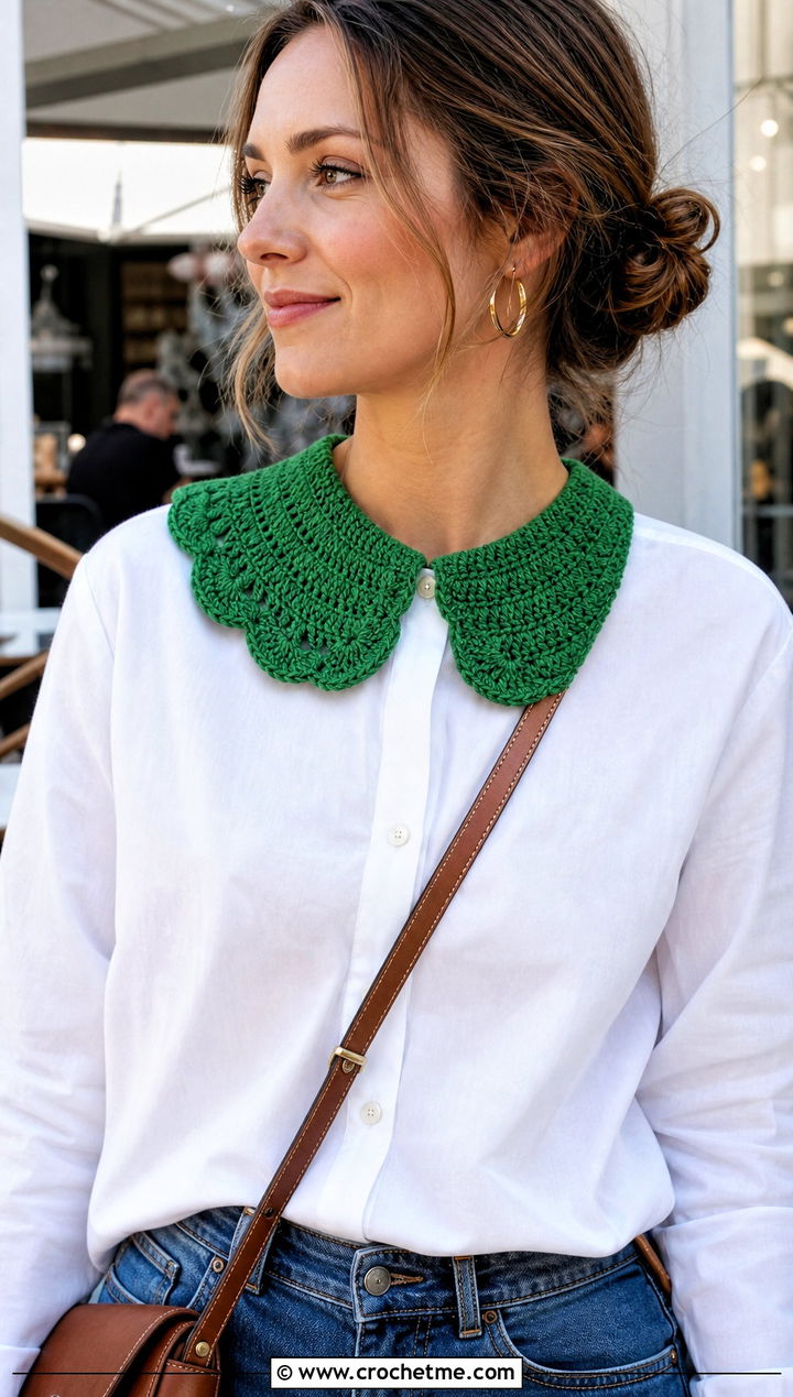 Green Peter Pan Crochet Collar With White Shirt And Jeans - 15 Green Crochet Collar outfit ideas