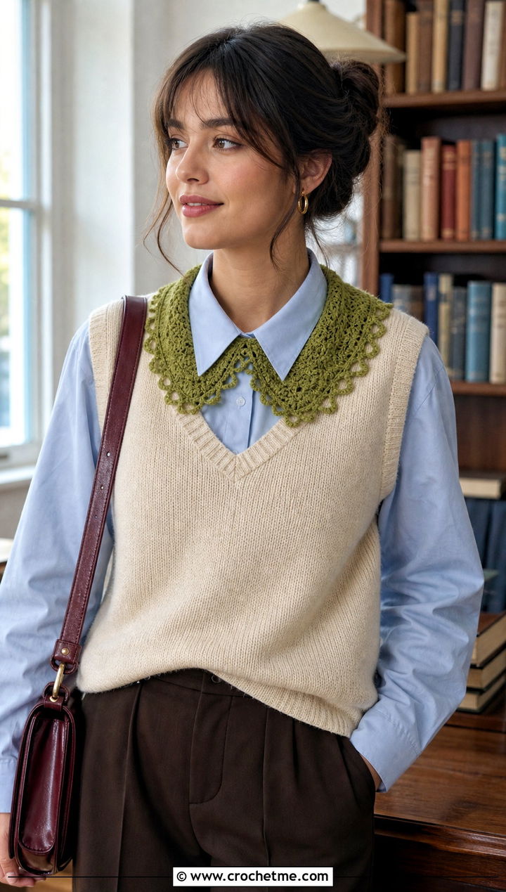 Green Picot Edge Crochet Collar With Sweater Vest And Trousers - 15 Green Crochet Collar outfit ideas