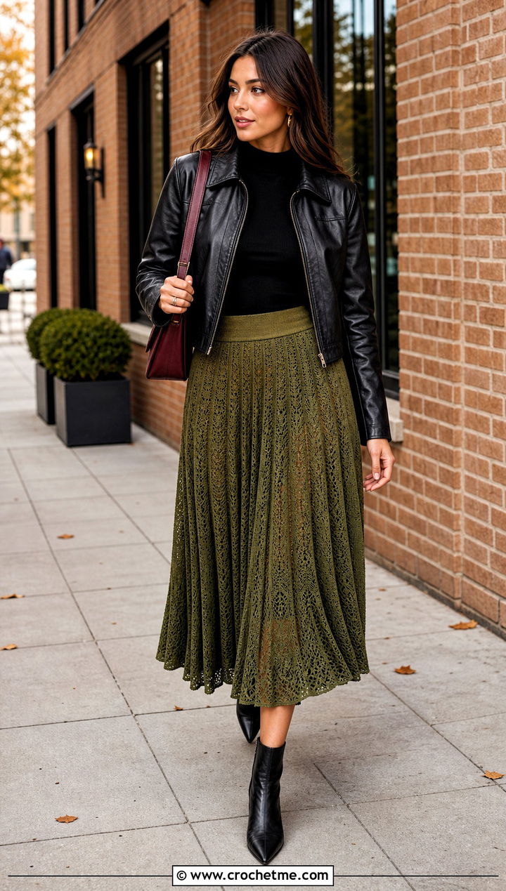 Green Pleated Crochet Midi Skirt With Leather Jacket - 35 green crochet skirt outfit ideas