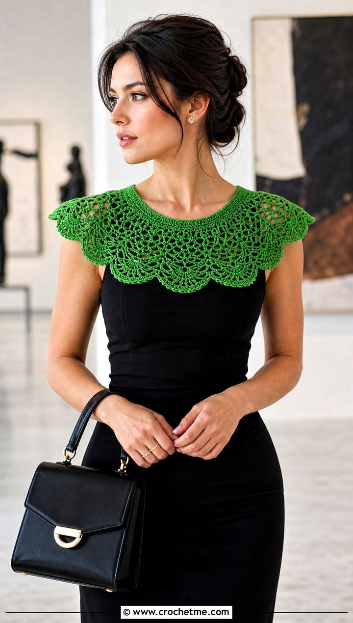Green Scalloped Lace Crochet Collar With Black Midi Dress - 15 Green Crochet Collar outfit ideas