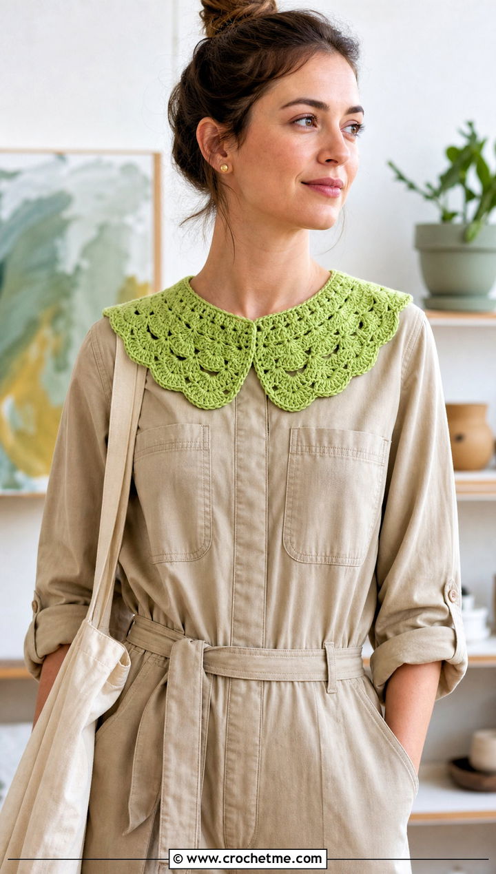 Green Shell Stitch Crochet Collar With Utility Jumpsuit - 15 Green Crochet Collar outfit ideas