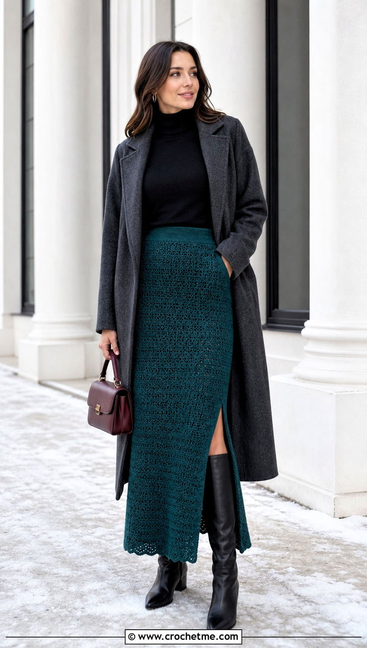 Green Side Slit Crochet Maxi Skirt With Turtleneck - 35 green crochet skirt outfit ideas