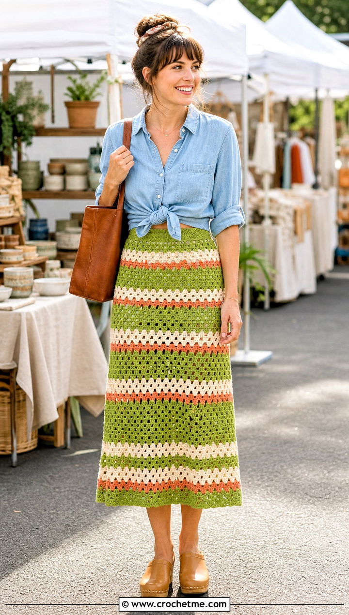 Green Striped Granny Stitch Skirt With Chambray Shirt - 35 green crochet skirt outfit ideas
