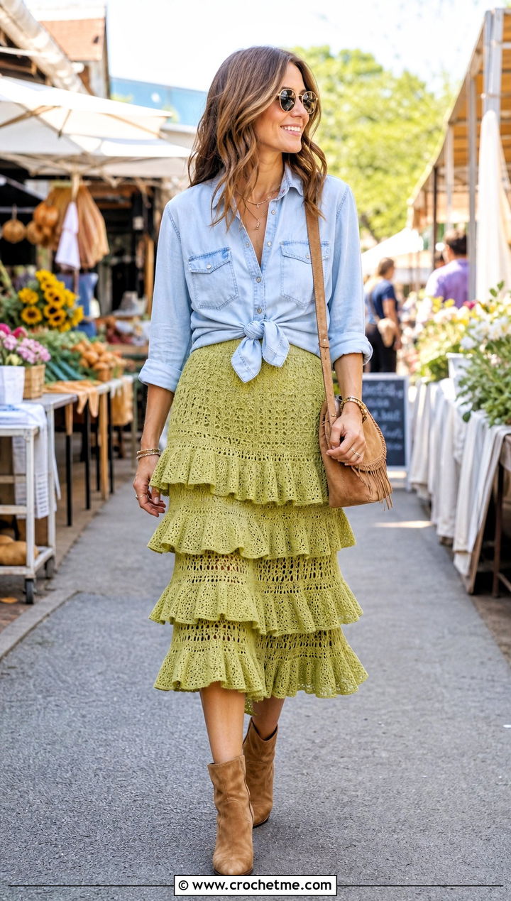 Green Tiered Ruffle Crochet Skirt With Denim Shirt - 35 green crochet skirt outfit ideas