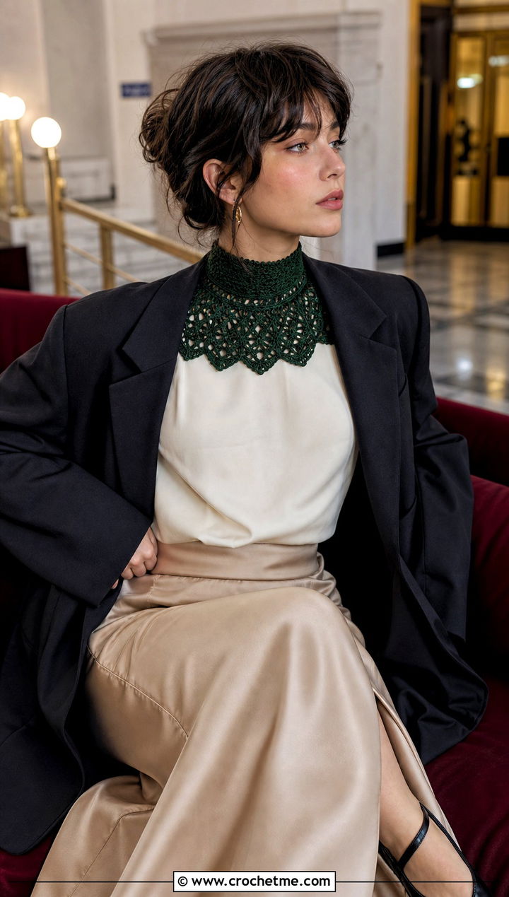 Green Victorian Crochet Collar With Blazer And Satin Skirt - 15 Green Crochet Collar outfit ideas