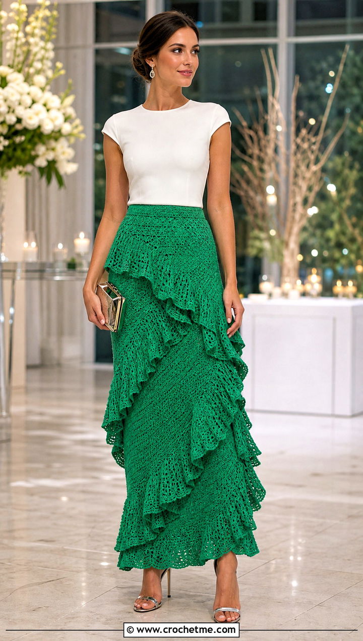 Green Waterfall Ruffle Crochet Maxi Skirt With Cap Sleeve Top - 35 green crochet skirt outfit ideas