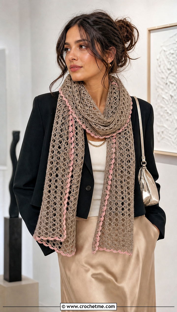 Greige Mesh Crochet Scarf With Satin Skirt - 15 neutral tone crochet scarf outfit ideas