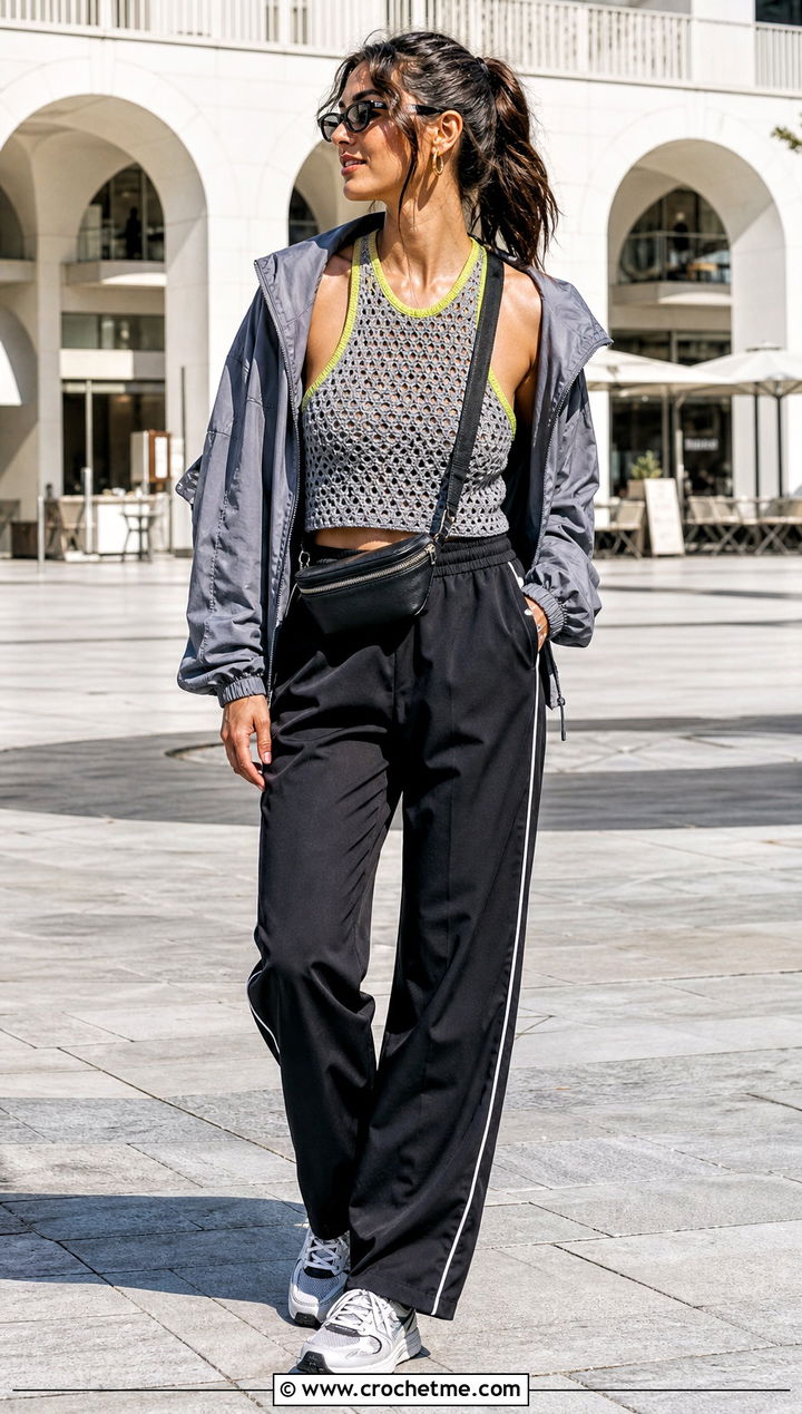 Grey Racerback Crochet Tank Top With Track Pants - 15 Crochet Grey Tank Top outfit ideas