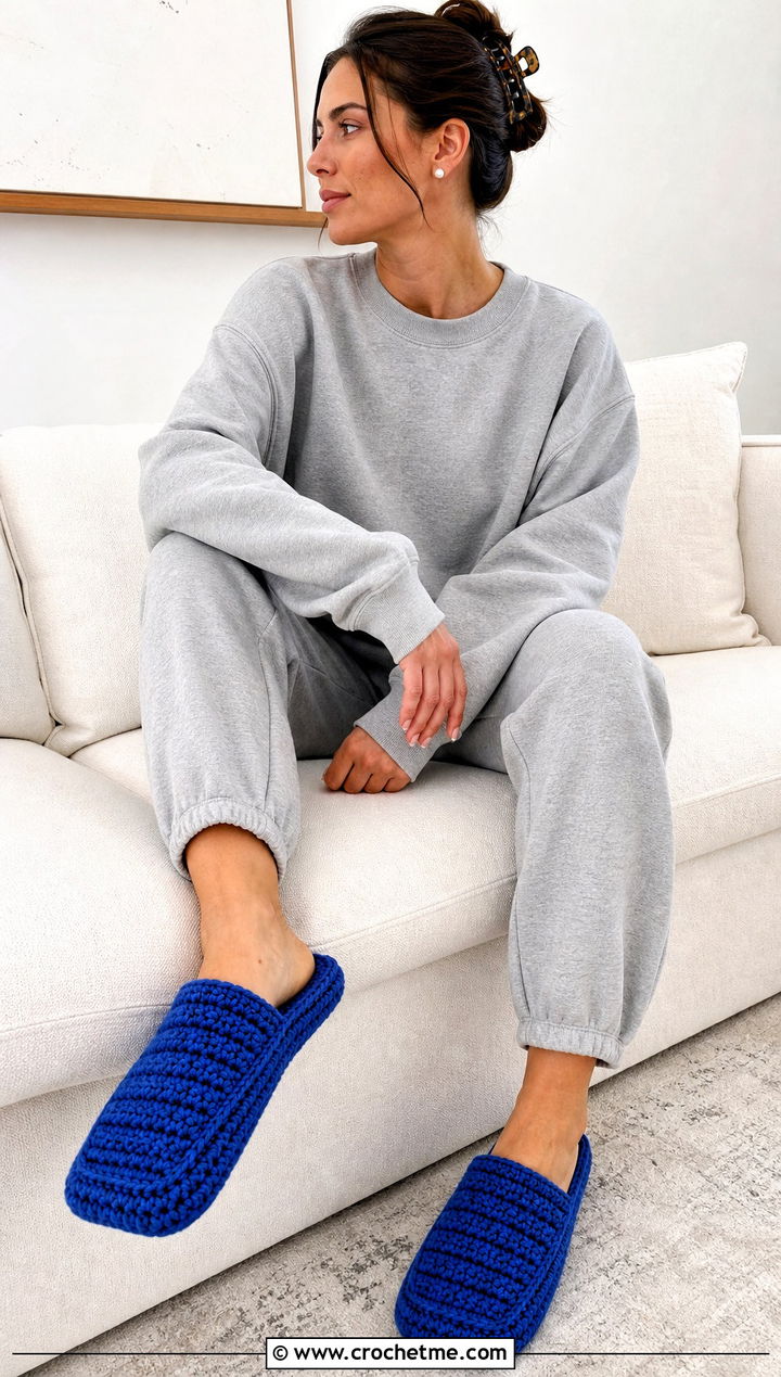 Griddle Stitch Rectangle Crochet Slippers With A Sweat Set - 20 Easy Crochet Slippers From A Rectangle outfit ideas