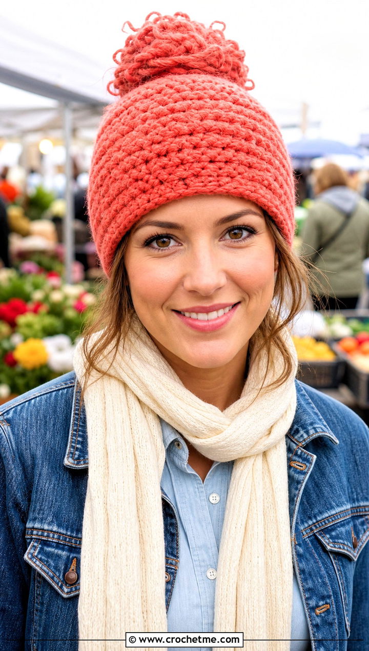 Grit Stitch Messy Bun Hat With Denim Jacket - 15 bun crochet hat outfit ideas