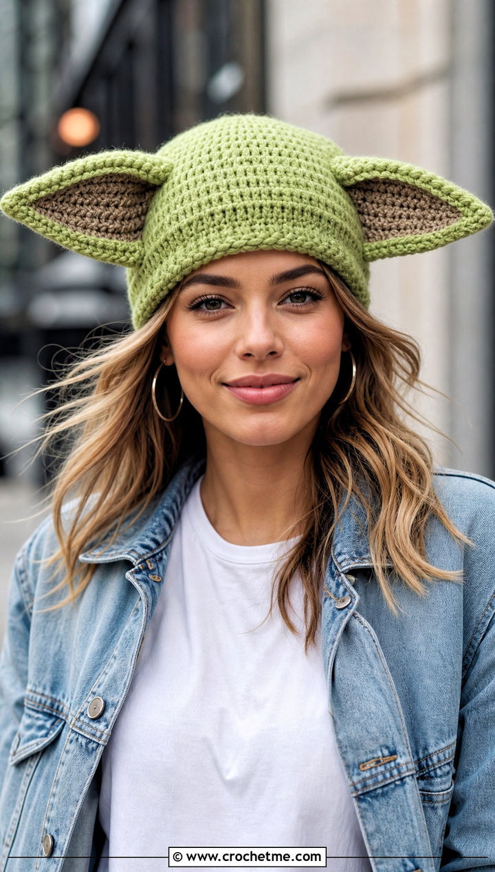 Grogu Ear Beanie With Denim Jacket - 15 Star Wars Crochet Hat outfit ideas
