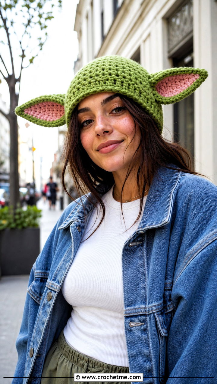 Grogu Ear Crochet Beanie With Denim Jacket - 30 crochet star wars hat outfit ideas