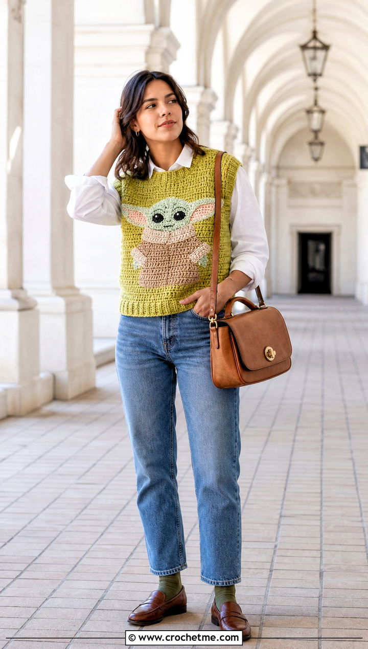 Grogu Motif Crochet Sweater Vest With Button Down Shirt - 25 Star Wars Crochet Clothes and outfit ideas