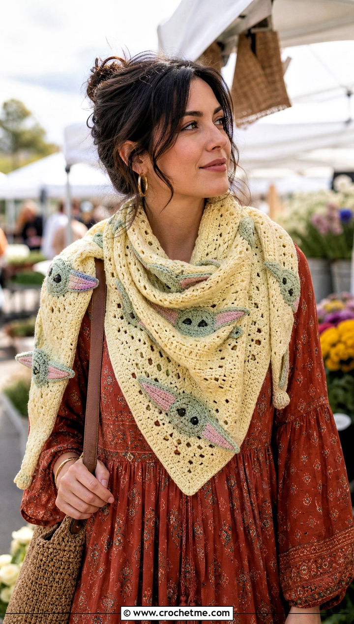 Grogu Triangle Shawl Scarf With Boho Dress - 15 Crochet Star Wars Scarf outfit ideas
