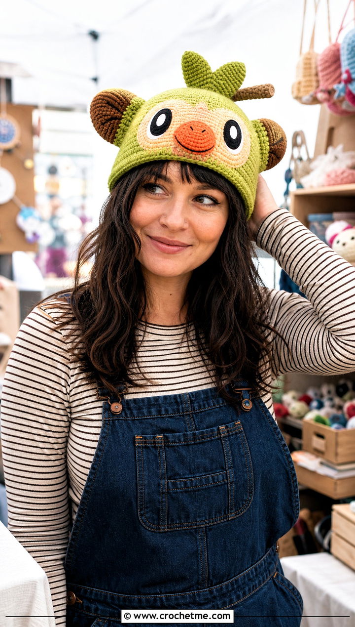 Grookey Bobble Beanie With Workwear Overalls - 30 crochet pokemon beanie outfit ideas