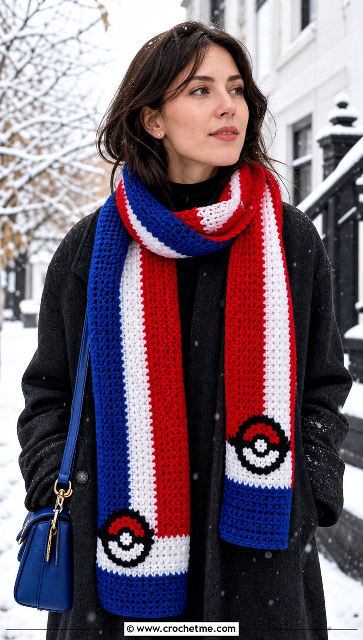 Grusha Striped Scarf With Oversized Coat - 25 Crochet Pokemon Scarf outfit ideas
