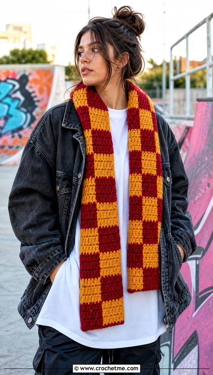 Gryffindor Checkerboard Crochet Hogwarts Scarf With Parachute Pants - 30 crochet hogwarts scarf outfit ideas