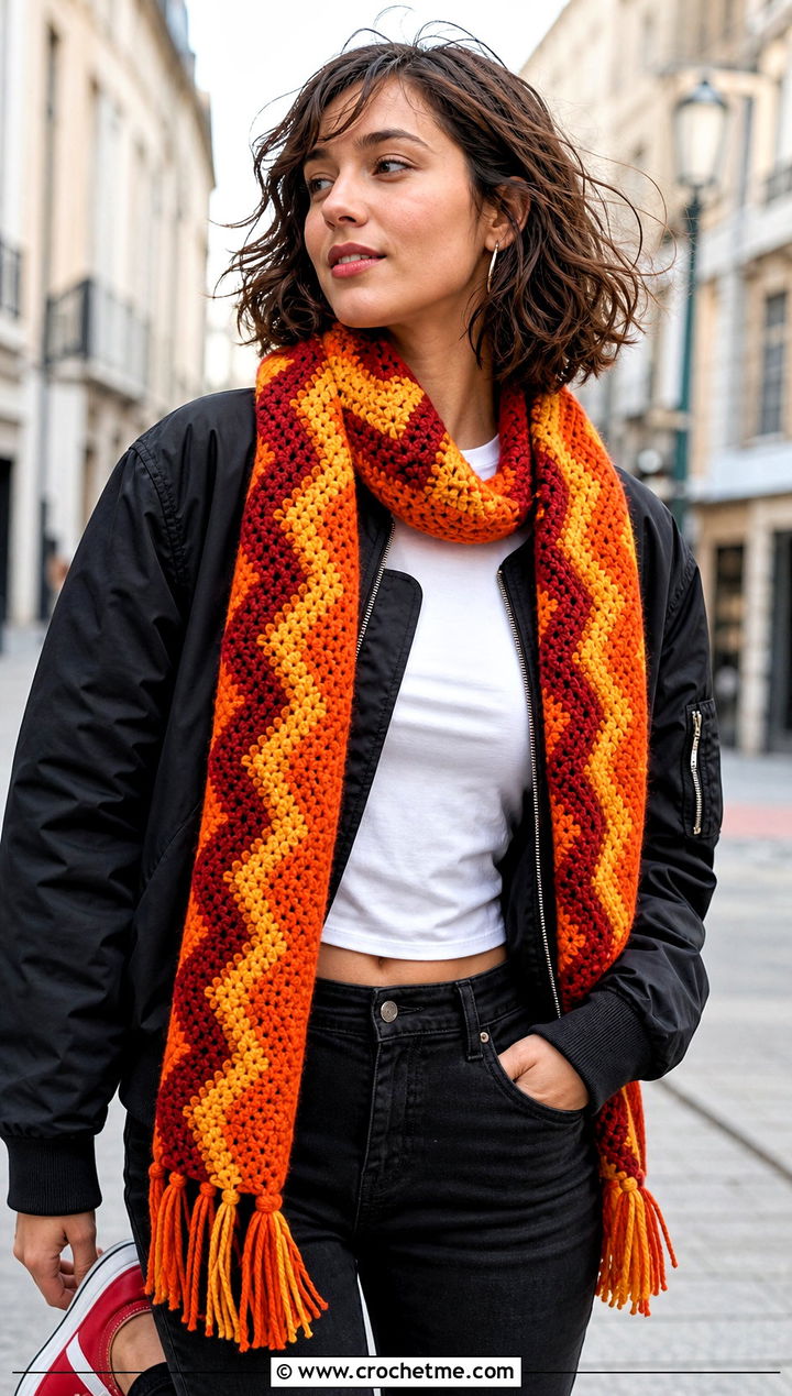 Gryffindor Chevron Crochet Hogwarts Scarf With Cropped Bomber Jacket - 30 crochet hogwarts scarf outfit ideas