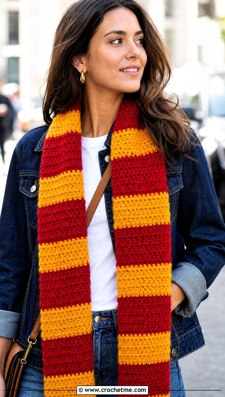 Gryffindor Classic Stripe Crochet Harry Potter Scarf With Denim - 35 crochet harry potter scarf outfit ideas
