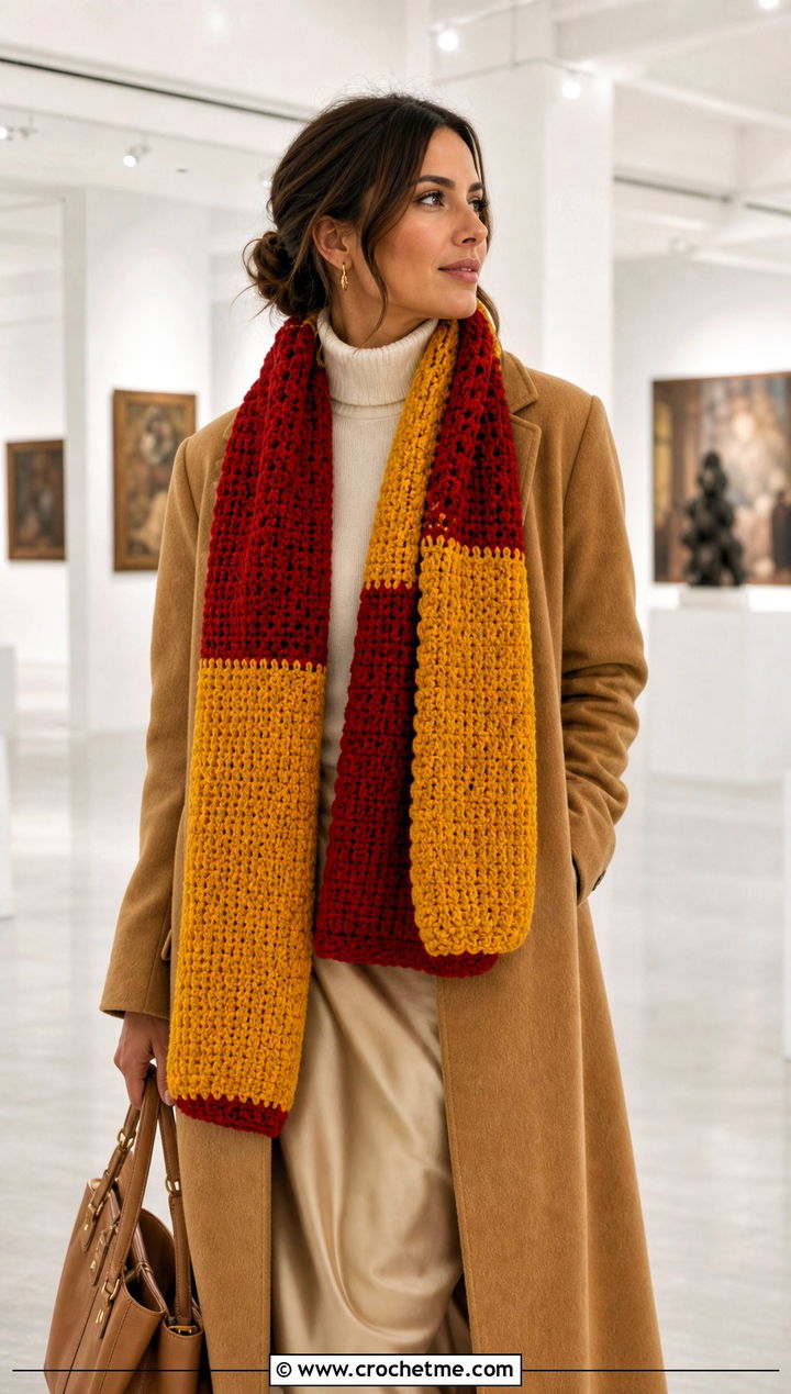 Gryffindor Color Block Crochet Harry Potter Scarf With Satin Skirt - 35 crochet harry potter scarf outfit ideas