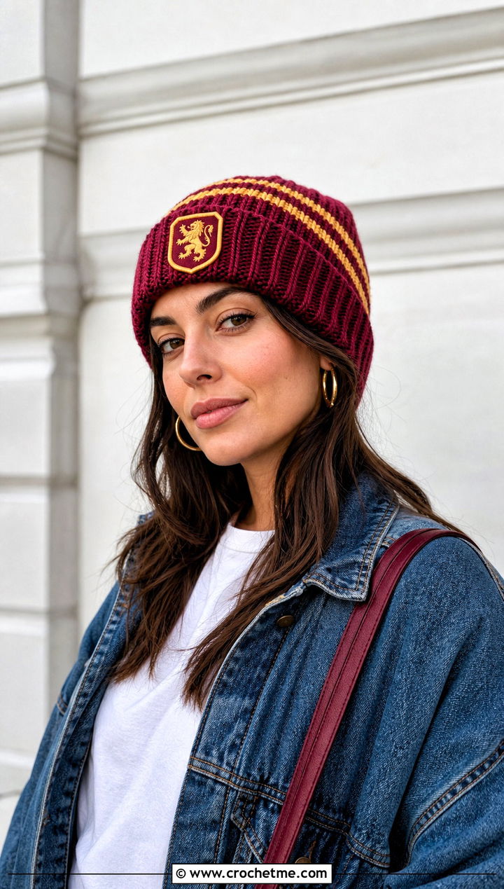 Gryffindor Crochet Beanie With Denim Jacket - 15 harry potter crochet hat outfit ideas