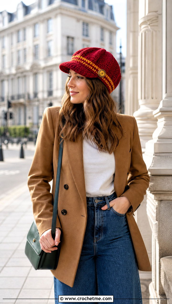 Gryffindor Crochet Newsboy Cap With Blazer And Jeans - 15 gryffindor crochet hat outfit ideas