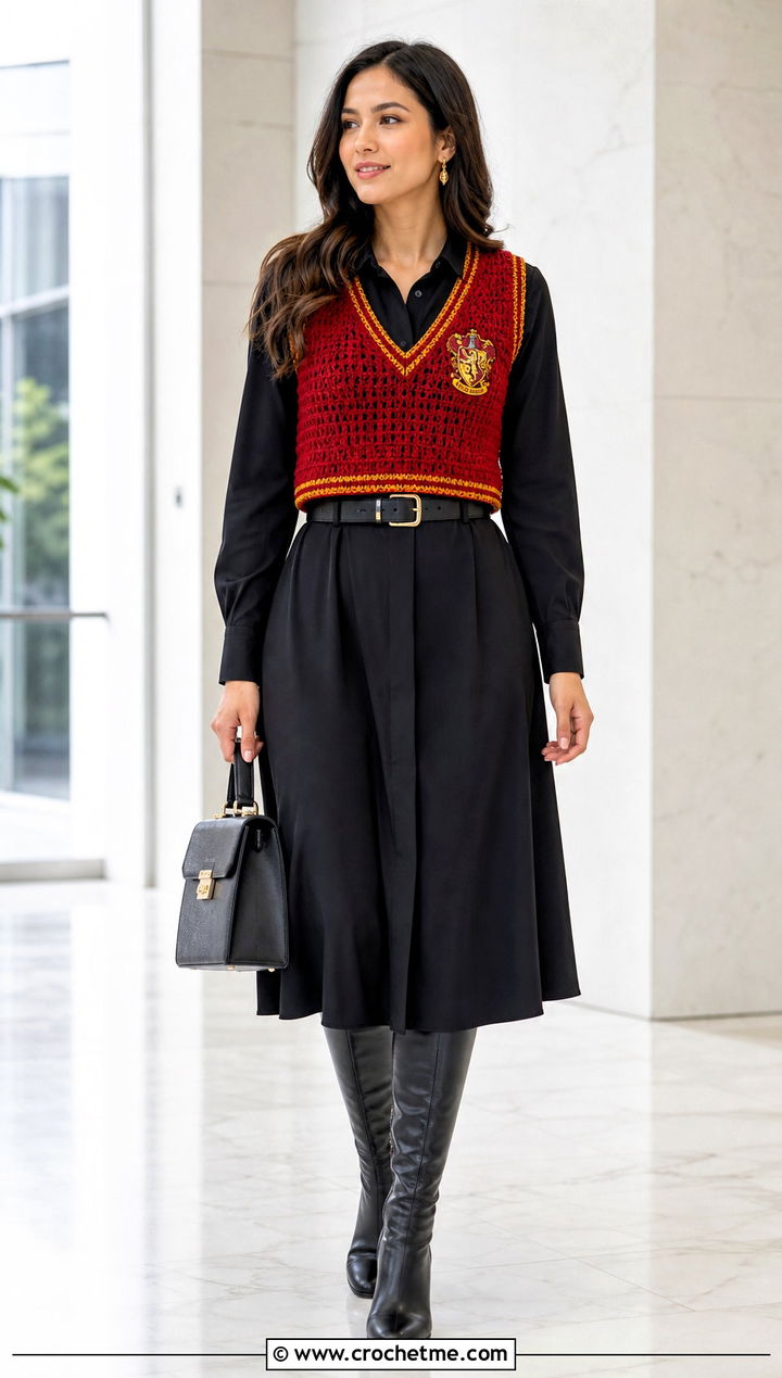 Gryffindor Crochet Sweater Vest With Midi Dress - 35 crochet harry potter sweater outfit ideas