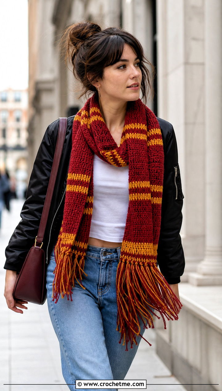 Gryffindor Fringe Crochet Harry Potter Scarf With Bomber Jacket - 35 crochet harry potter scarf outfit ideas