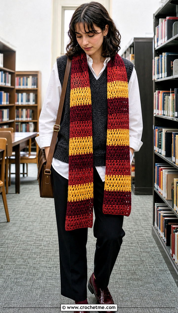 Gryffindor Granny Stripe Crochet Harry Potter Scarf With Sweater Vest - 35 crochet harry potter scarf outfit ideas