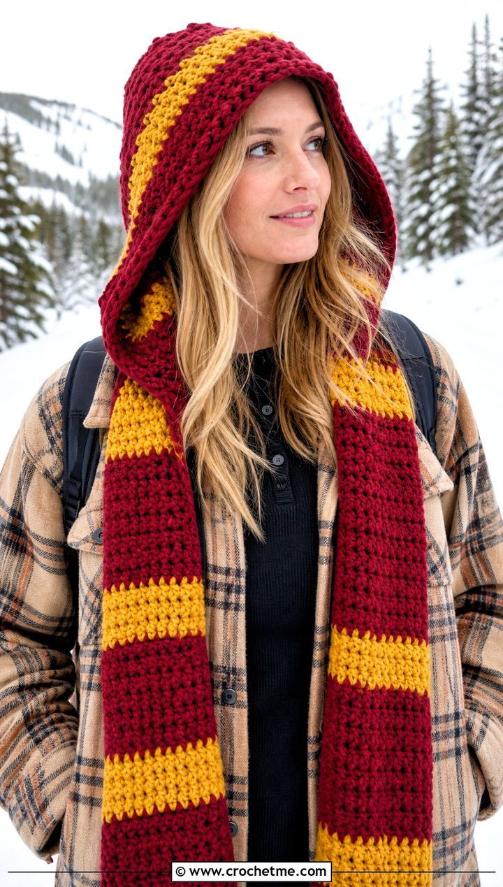 Gryffindor Hooded Crochet Harry Potter Scarf With Shacket - 35 crochet harry potter scarf outfit ideas