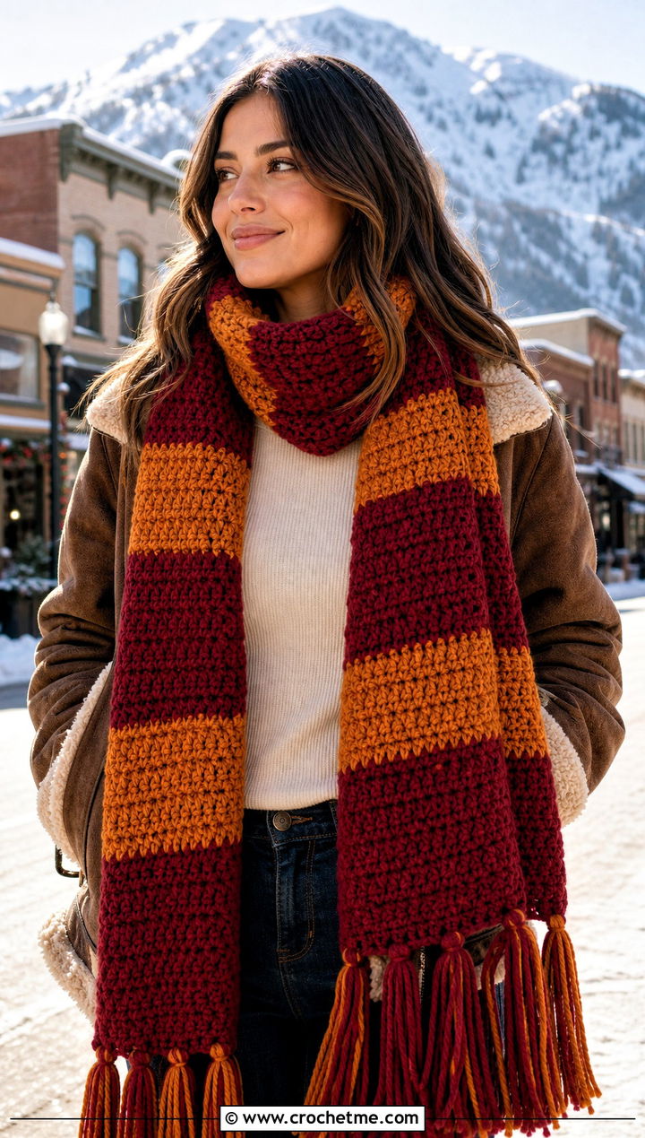 Gryffindor Oversized Crochet Hogwarts Scarf With Shearling Jacket - 30 crochet hogwarts scarf outfit ideas