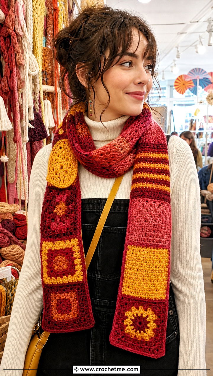 Gryffindor Patchwork Crochet Harry Potter Scarf With Overalls - 35 crochet harry potter scarf outfit ideas