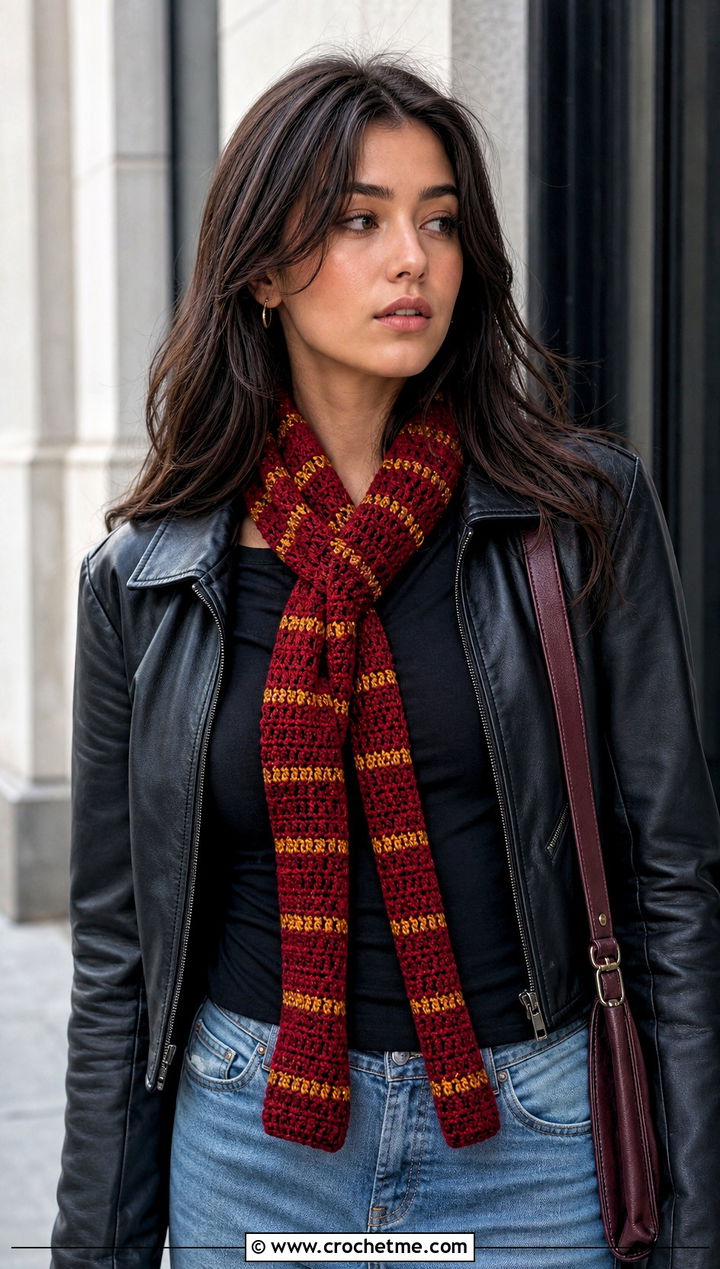 Gryffindor Skinny Crochet Harry Potter Scarf With Leather Jacket - 35 crochet harry potter scarf outfit ideas
