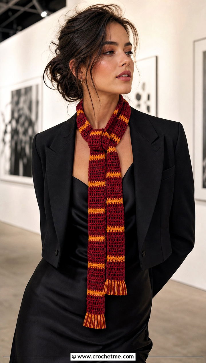 Gryffindor Skinny Crochet Hogwarts Scarf With Satin Slip Dress - 30 crochet hogwarts scarf outfit ideas
