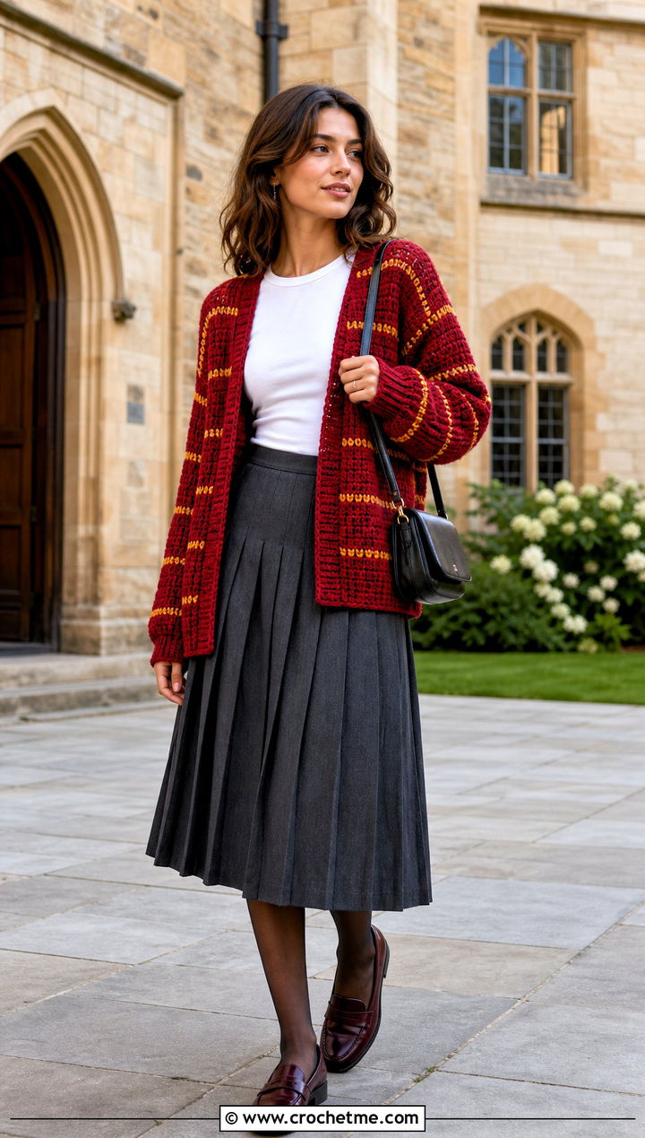 Gryffindor Striped Crochet Cardigan With Pleated Skirt - 25 harry potter crochet clothes and outfit ideas