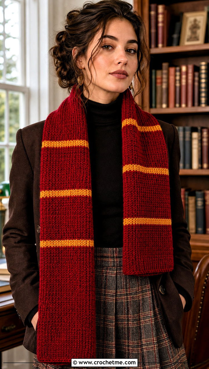 Gryffindor Tunisian Crochet Hogwarts Scarf With Plaid Mini Skirt - 30 crochet hogwarts scarf outfit ideas
