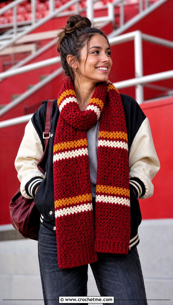 Gryffindor Varsity Stripe Crochet Harry Potter Scarf With Varsity Jacket - 35 crochet harry potter scarf outfit ideas