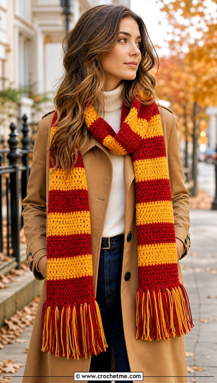 Gryffindor Wide Stripe Crochet Hogwarts Scarf With Camel Trench Coat - 30 crochet hogwarts scarf outfit ideas